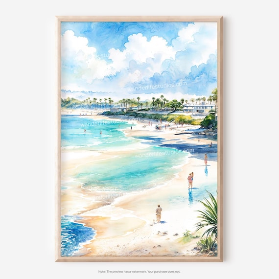San Diego Beach Watercolor Beachgoers Palms Turquoise Ocean Poster