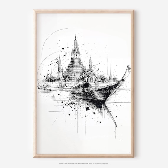 Wat Arun Bangkok Temple Ink Sketch Longtail Boat River Art Poster