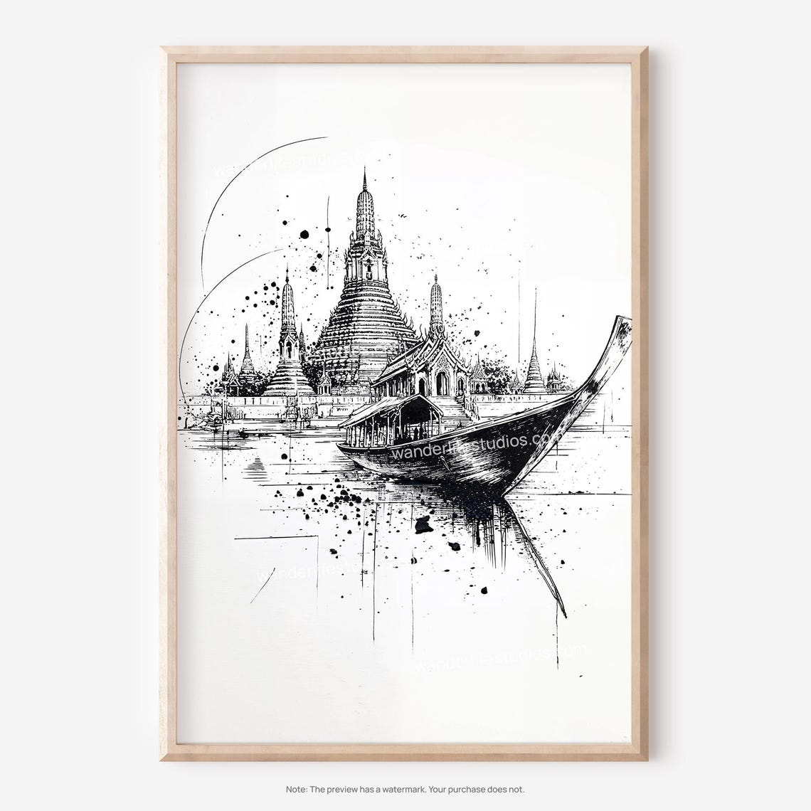 Wat Arun Bangkok Temple Ink Sketch Longtail Boat River Art Poster
