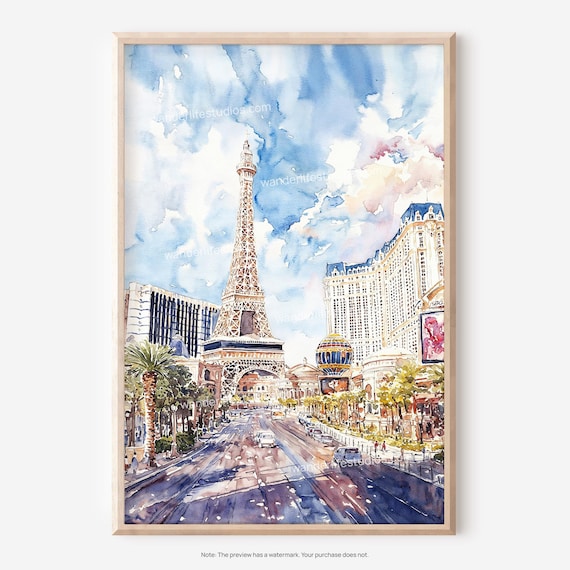 Las Vegas Watercolor Wall Art Cityscape For Instant Decor