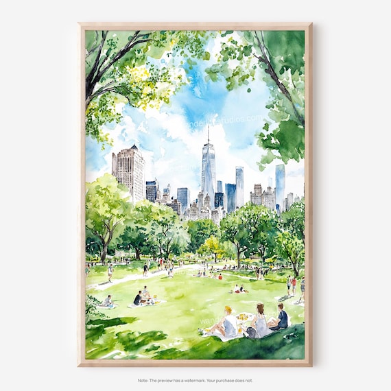 Sunny New York City Park Watercolor with Downtown Skyline Poster