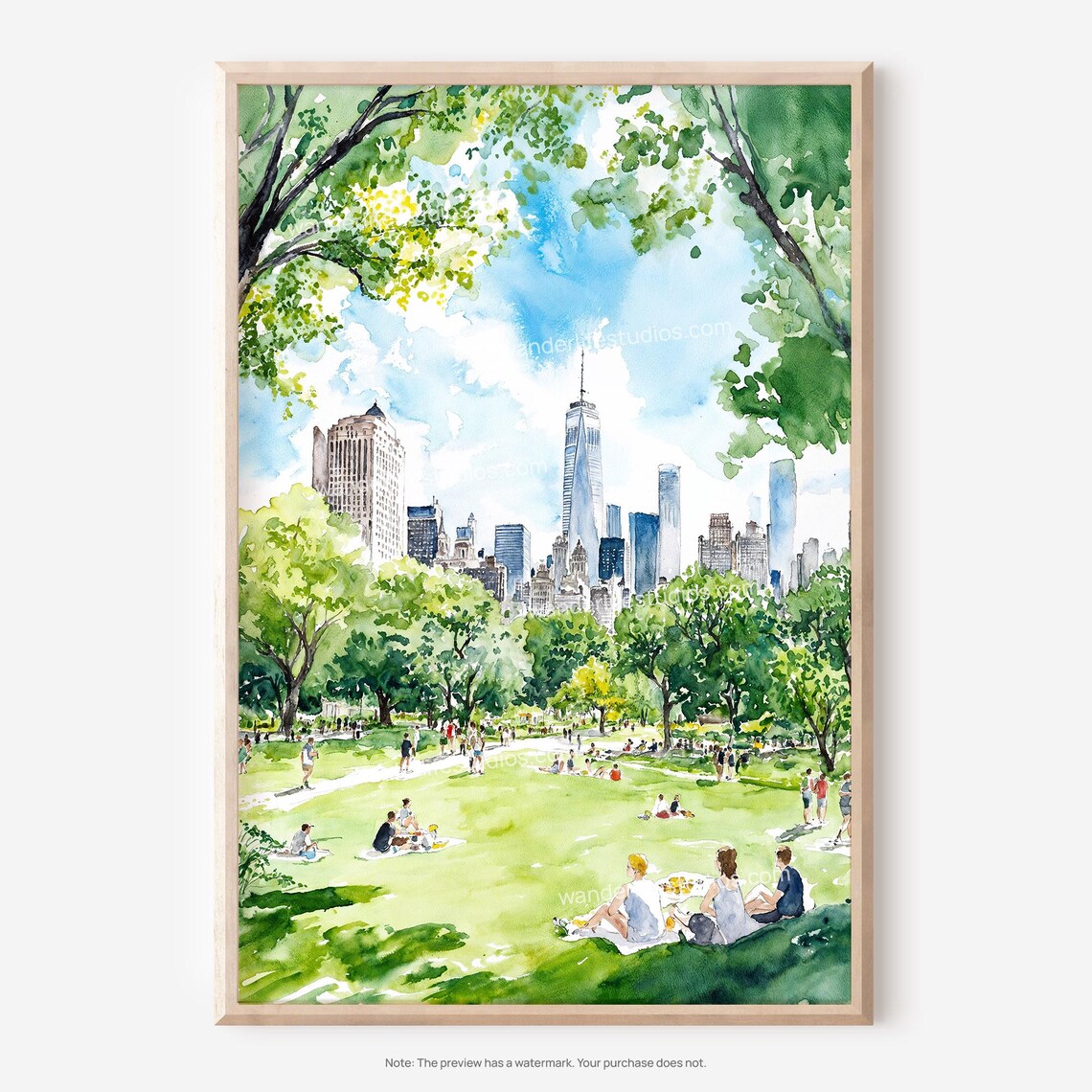 Sunny New York City Park Watercolor with Downtown Skyline Poster