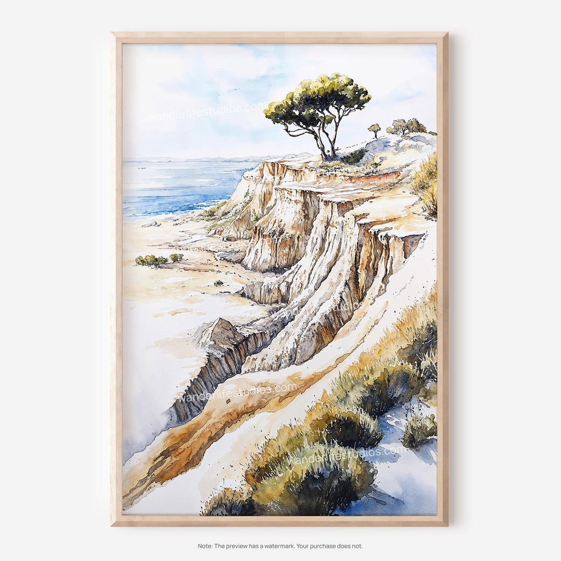 Coastal Cliff Beach Pine Tree Ocean Watercolor Landscape Poster