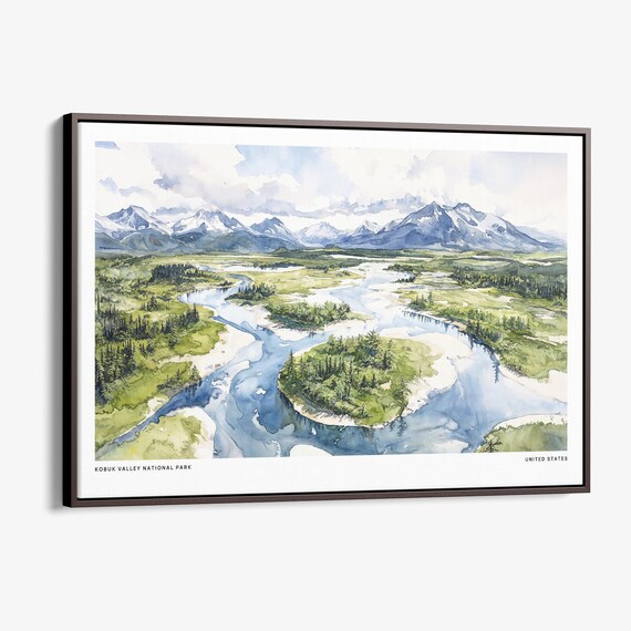 Kobuk Valley National Park Watercolor River Mountain Landscape Poster