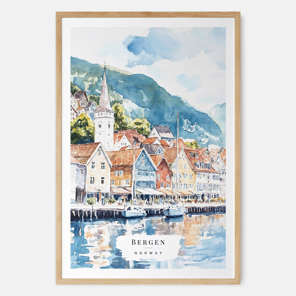 Bergen Norway Church Spire Harbor Sailboats Watercolor Travel Poster