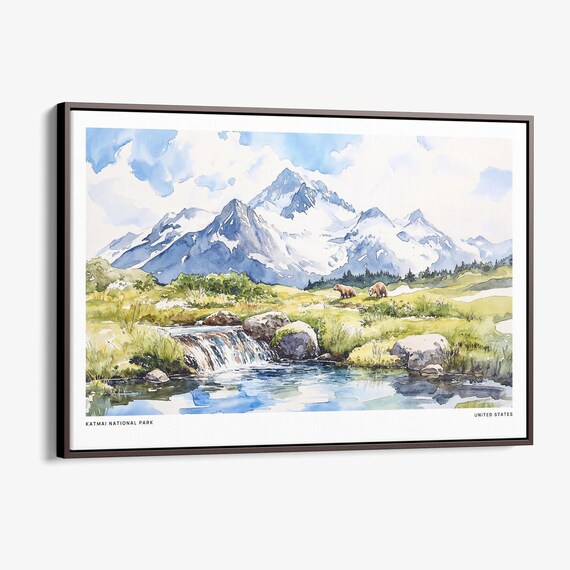Katmai National Park Brown Bears Alpine Stream Watercolor Poster