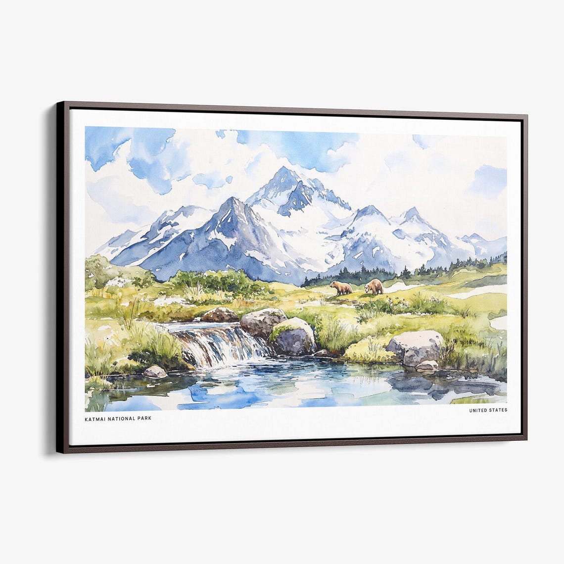 Katmai National Park Brown Bears Alpine Stream Watercolor Poster
