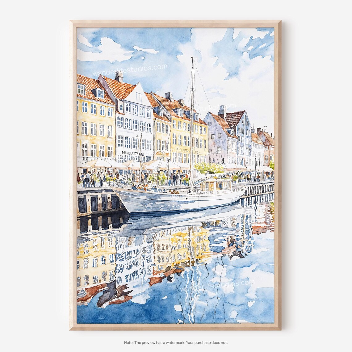 Nyhavn Copenhagen Watercolor Colorful Harbor Houses Boat Poster