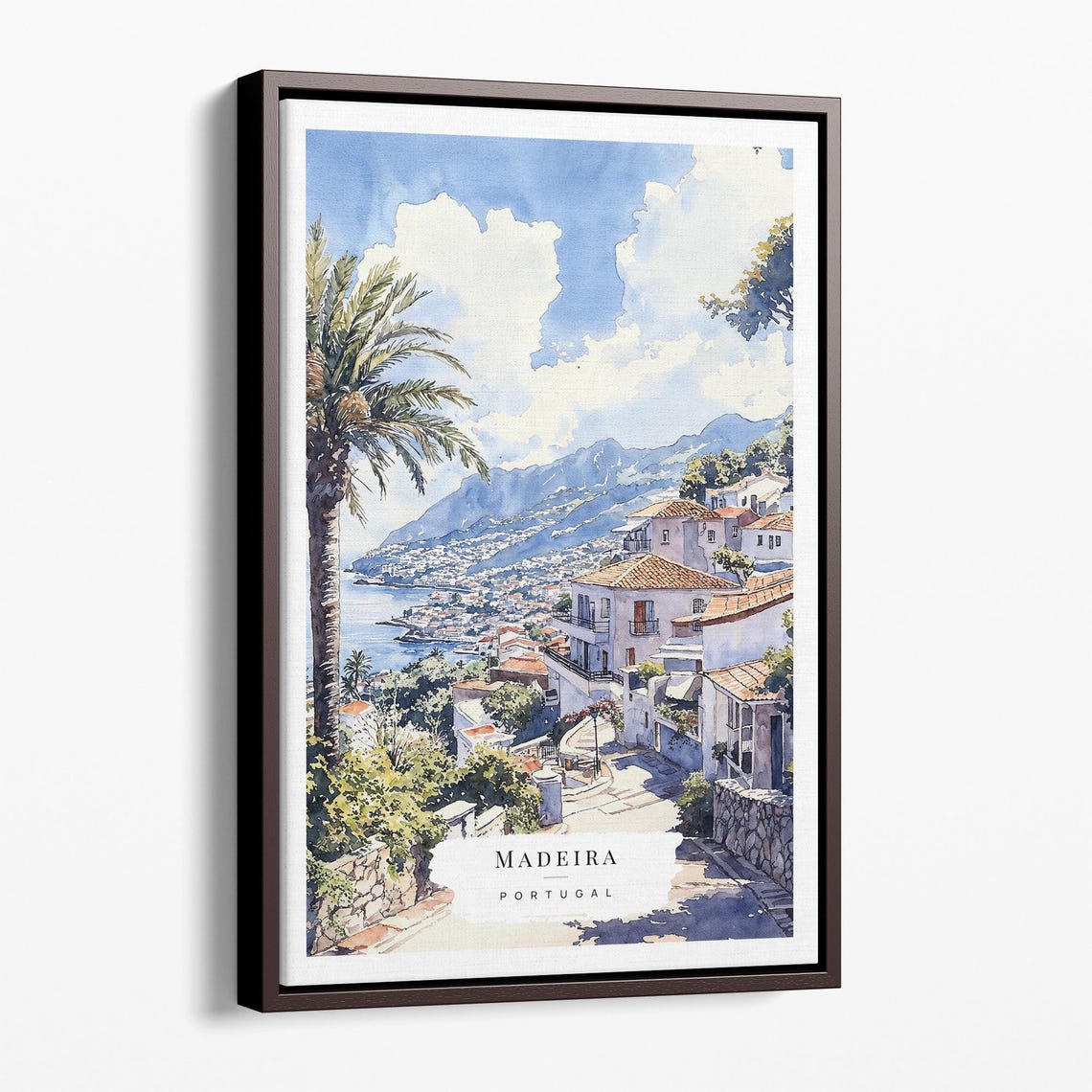 Madeira Portugal Coastal Town Palm Trees Red Roofs Watercolor Poster