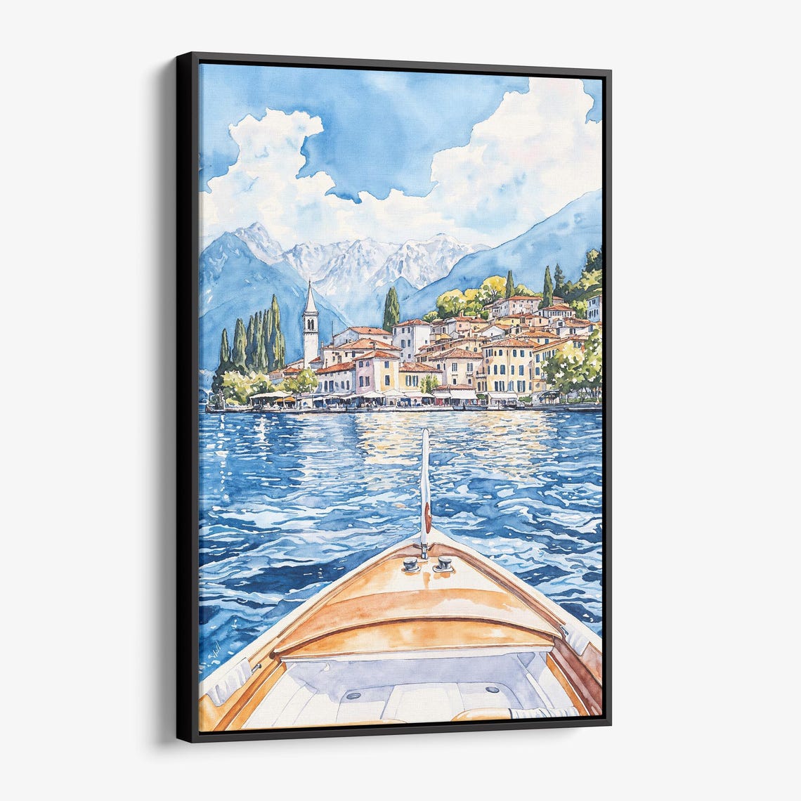 Lake Como Italy Watercolor Boat Bow View Lakeside Town Poster