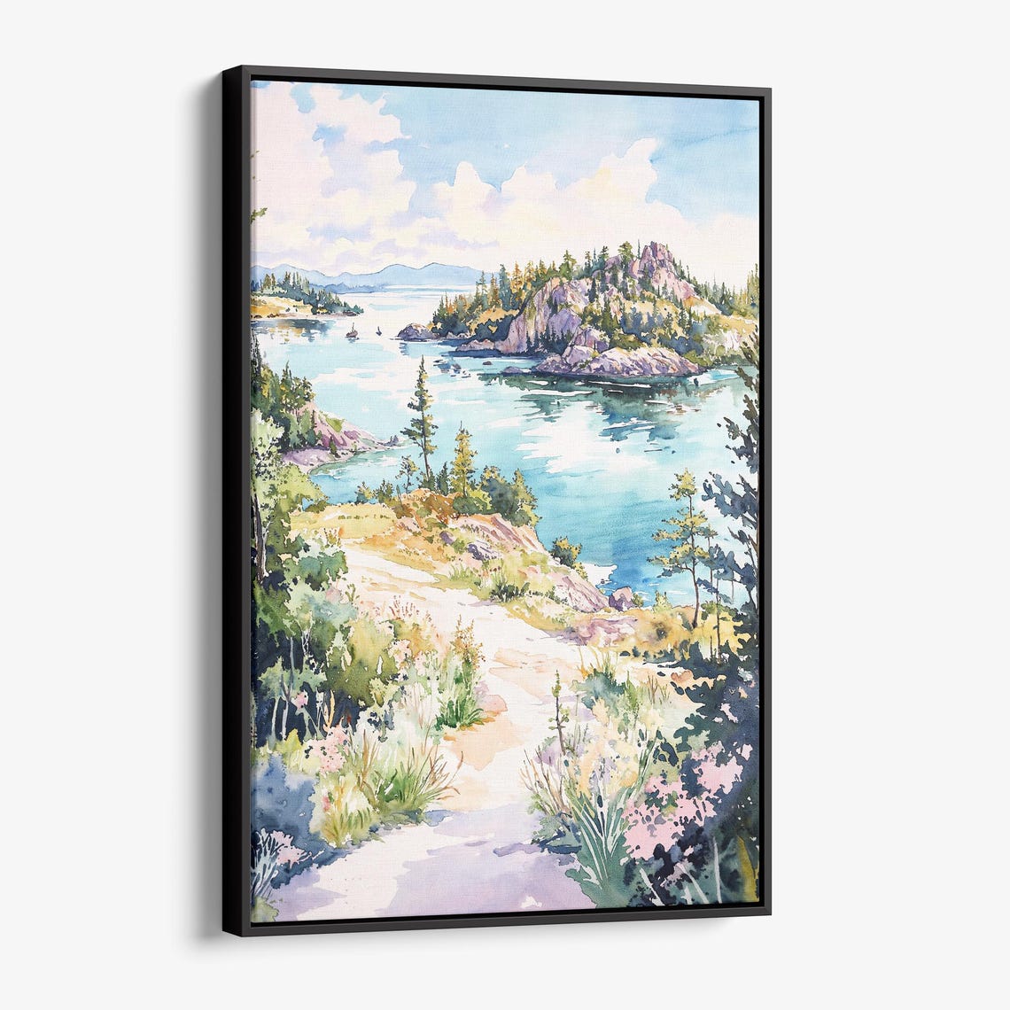 Pine Lake Islands Watercolor Boats Rocky Shoreline Scenic Poster