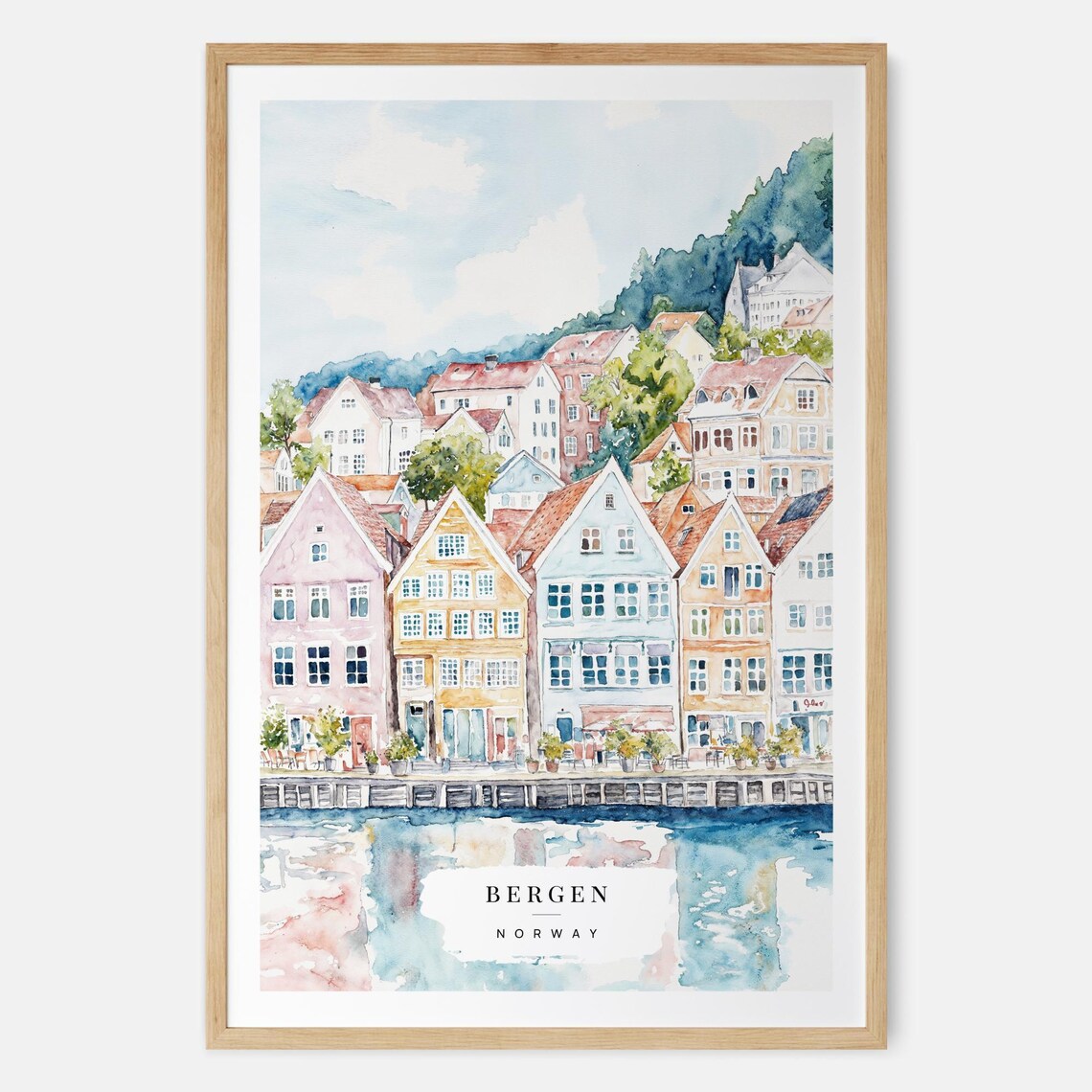 Bergen Norway Bryggen Wharf Colorful Houses Watercolor Travel Poster