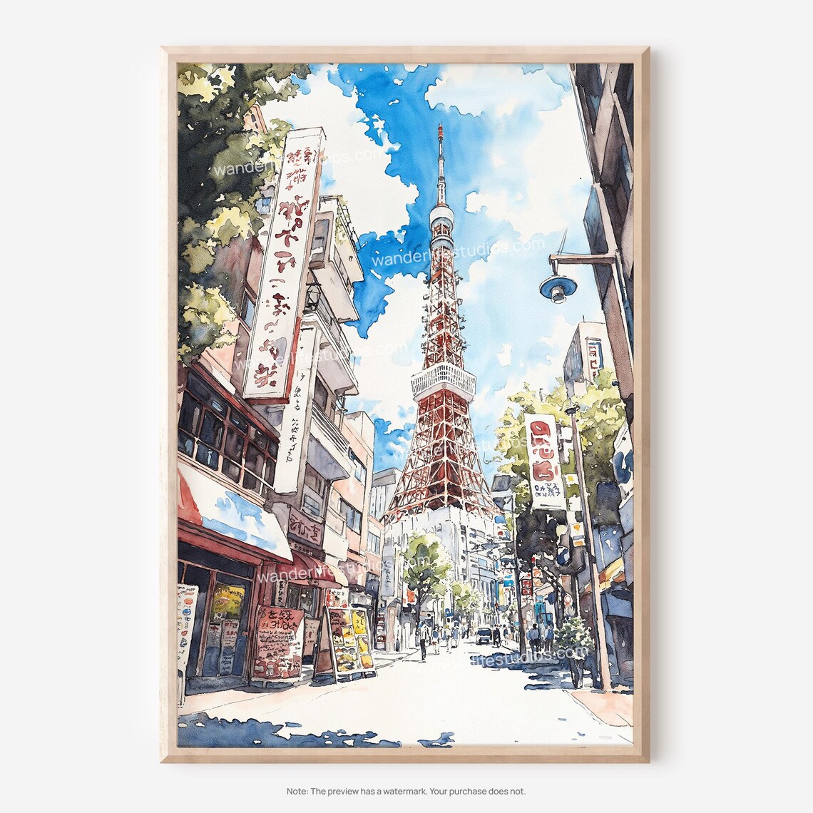 Tokyo Tower Japan City Street Watercolor with Japanese Signs Print