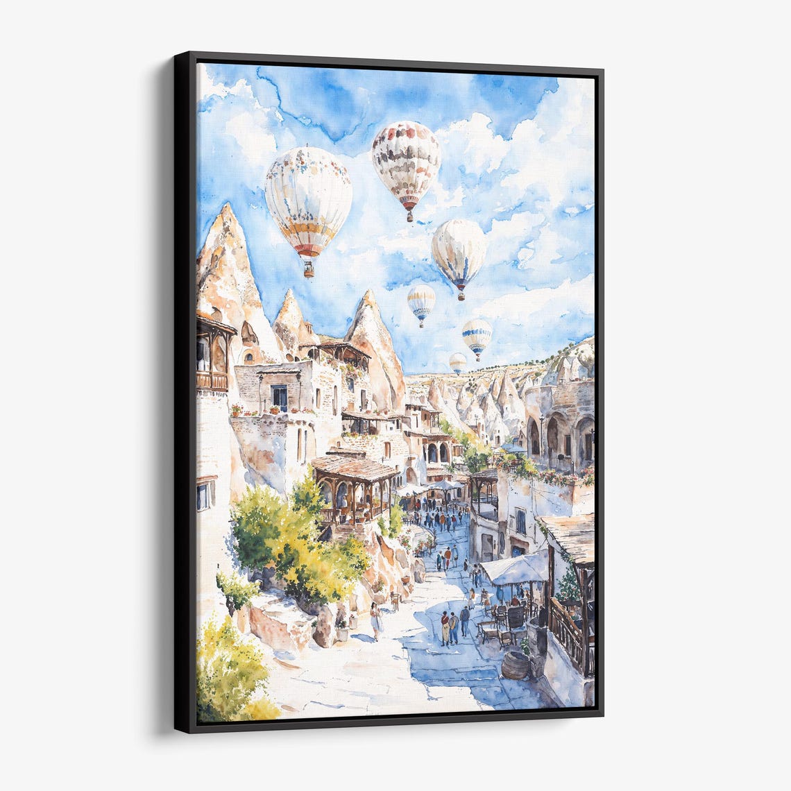 Cappadocia Turkey Hot Air Balloons Watercolor Sky Village Poster