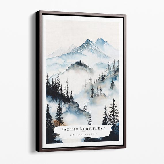 Pacific Northwest Watercolor Canvas Art Print Mountain Landscape Wall