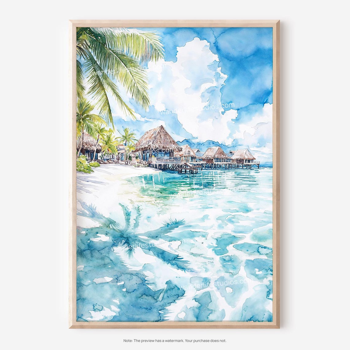 Tahiti Overwater Bungalows Turquoise Lagoon Palms Watercolor Poster