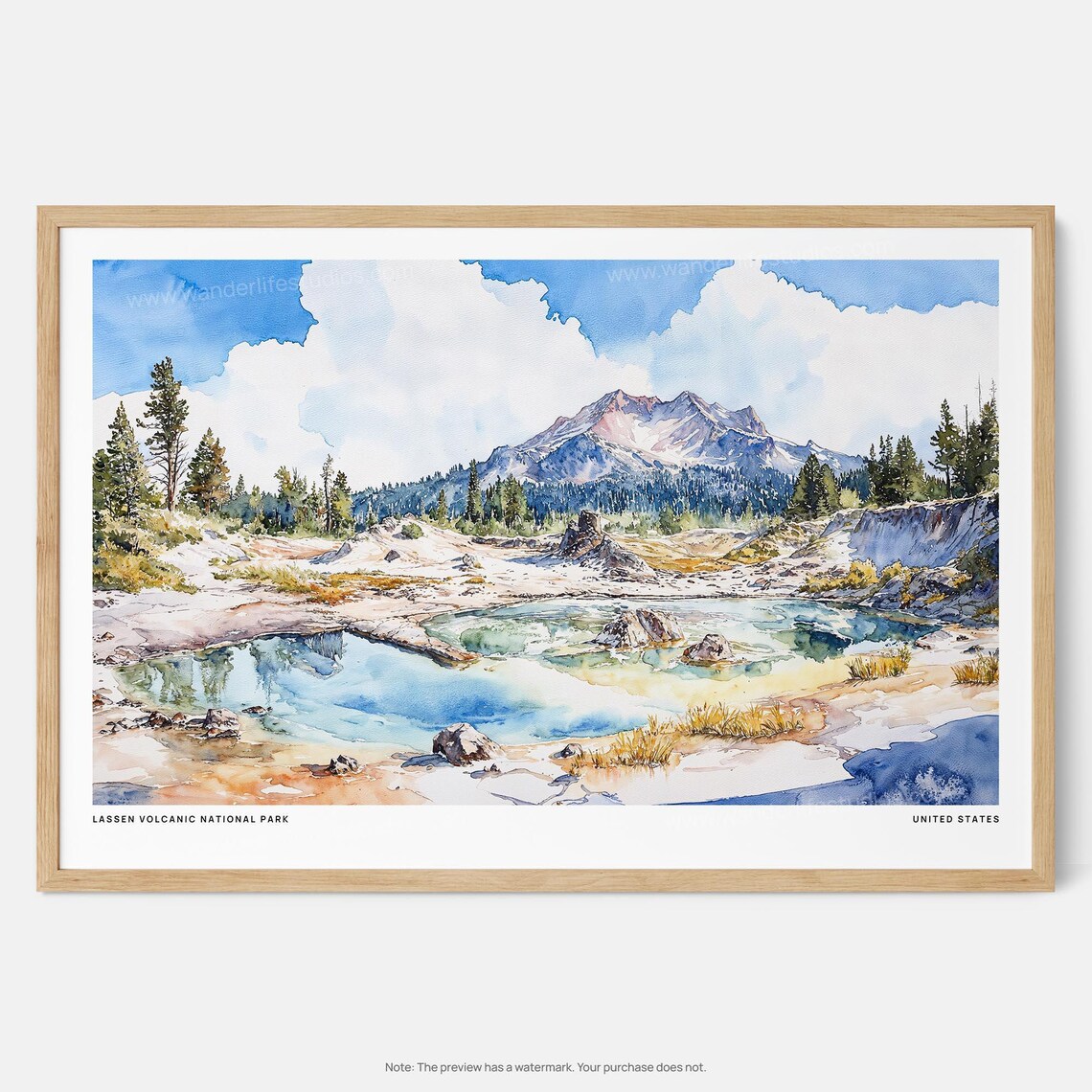 Lassen Volcanic National Park Watercolor Hot Springs Peak Poster