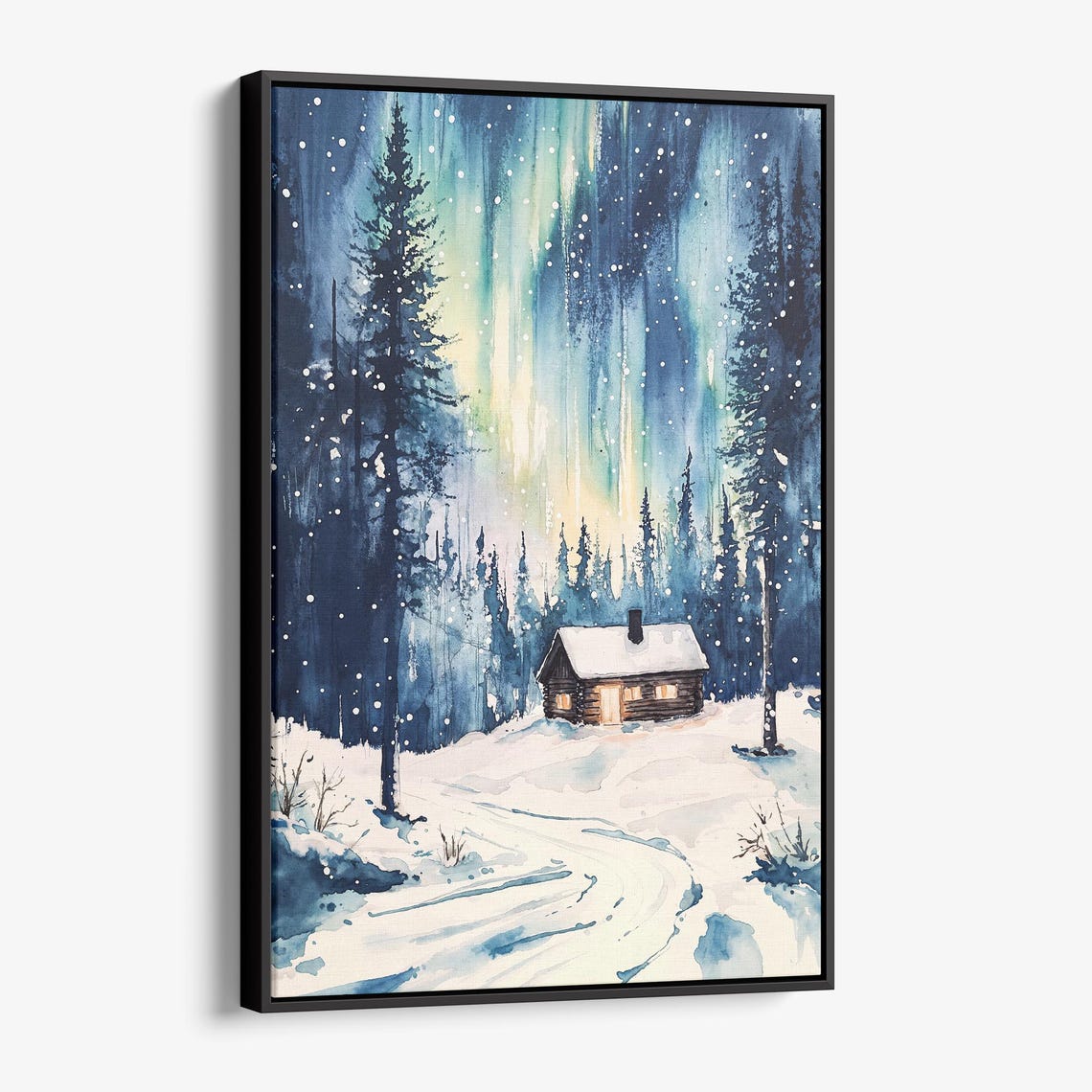 Winter Cabin Under Northern Lights Snowy Night Watercolor Art Print