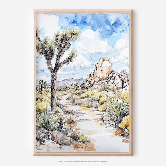 Joshua Tree Desert Watercolor Poster Southwest Landscape Wall Decor