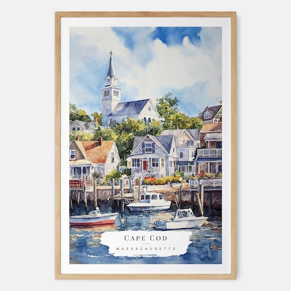 Cape Cod Harbor Watercolor With Boats And Church Steeple Travel Poster