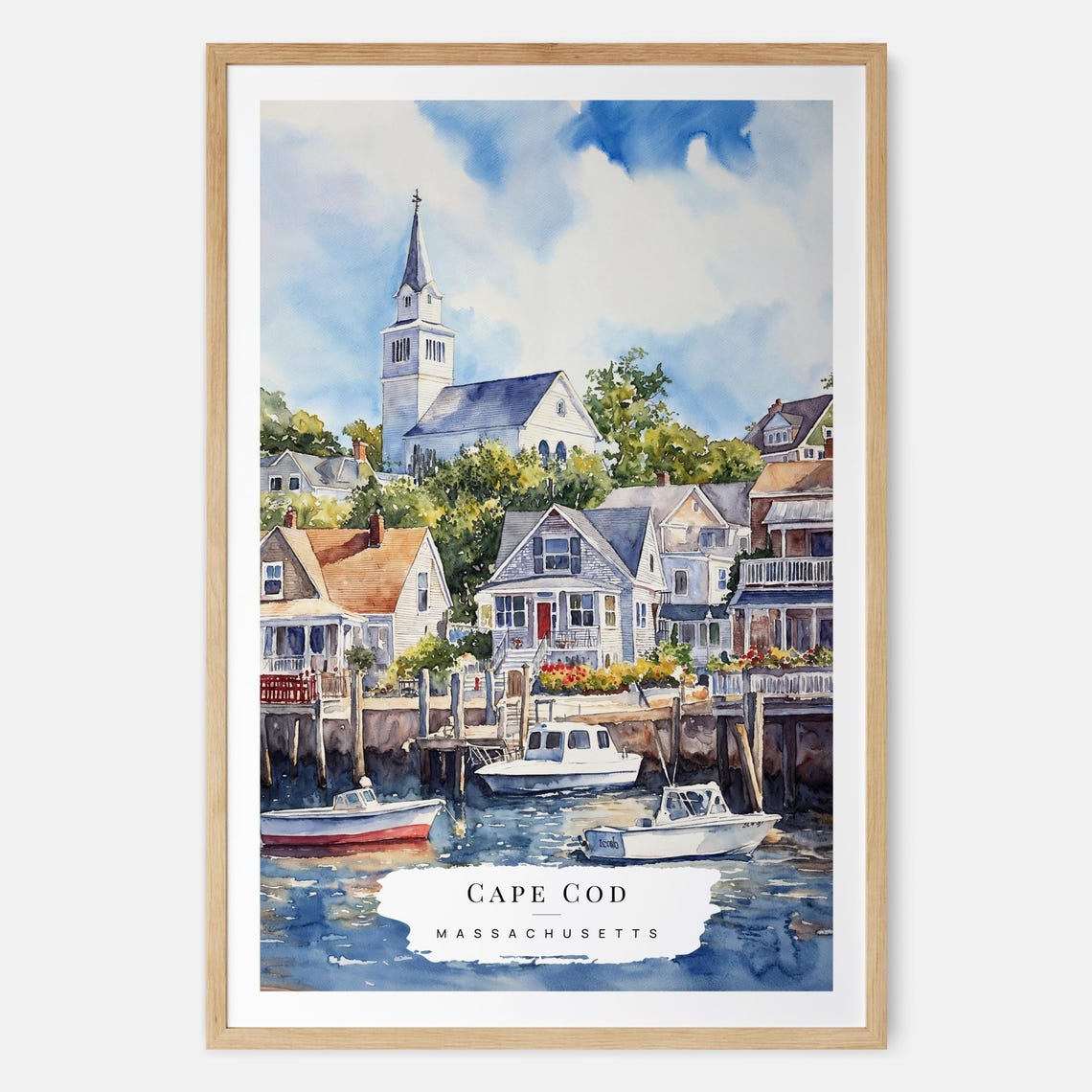 Cape Cod Harbor Watercolor With Boats And Church Steeple Travel Poster