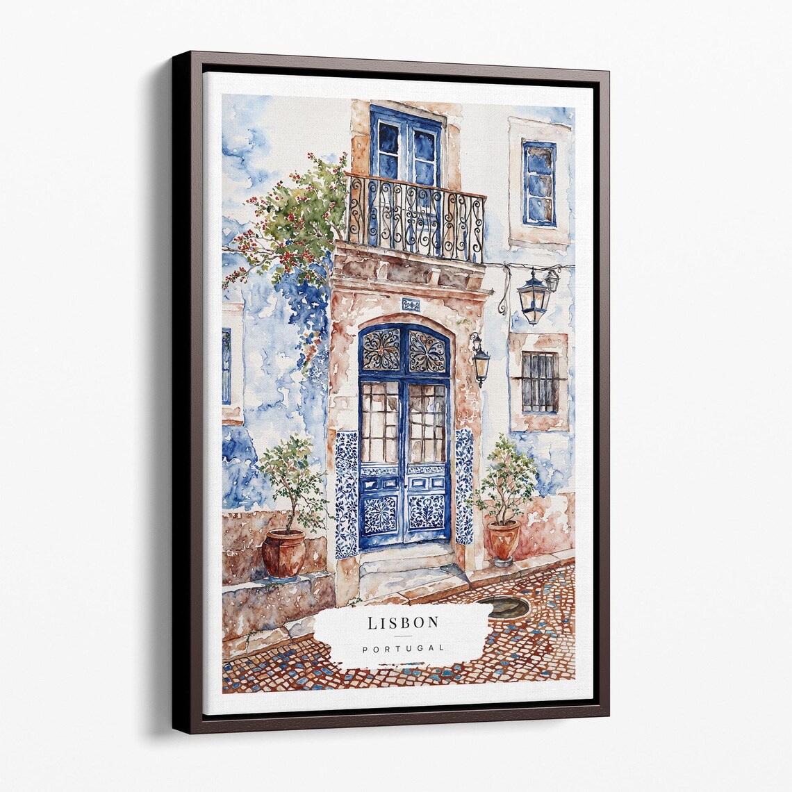 Lisbon Portugal Blue Door Cobblestone Street Watercolor Poster