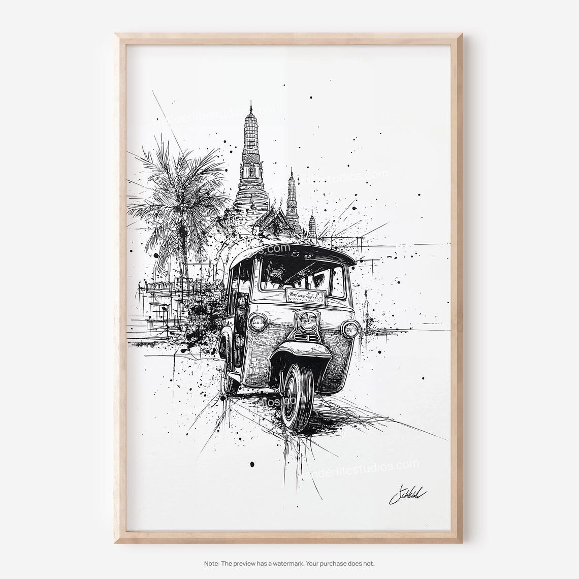 Bangkok Tuk Tuk Wat Arun Temple Black Ink Sketch Travel Poster