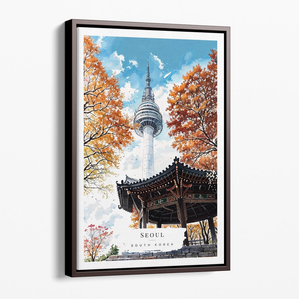 N Seoul Tower With Korean Pagoda Autumn Leaves Watercolor Poster