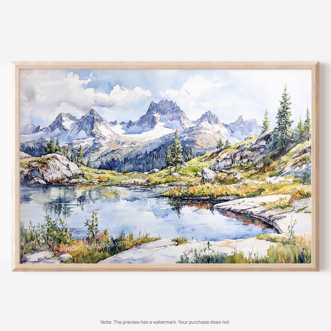 Alpine Lake Snowy Peaks Mirror Reflection Watercolor Poster Serene