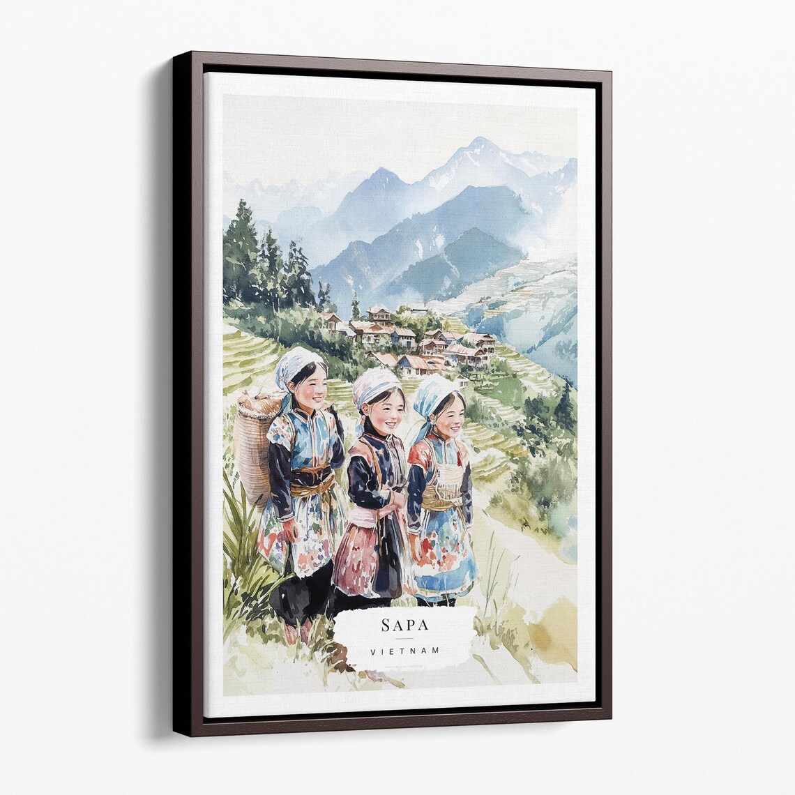 Sapa Vietnam Hmong Girls Rice Terrace Watercolor Travel Poster