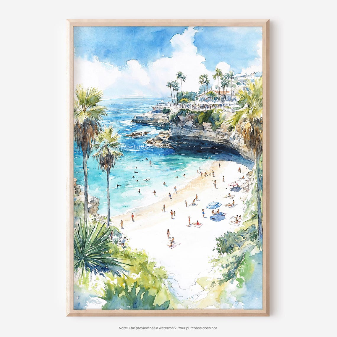 La Jolla Cove Beach Palm Trees Blue Watercolor Coastal Scene Poster