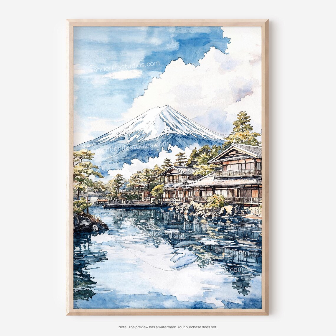 Mount Fuji Japan Watercolor Landscape Lakeside Temple Poster