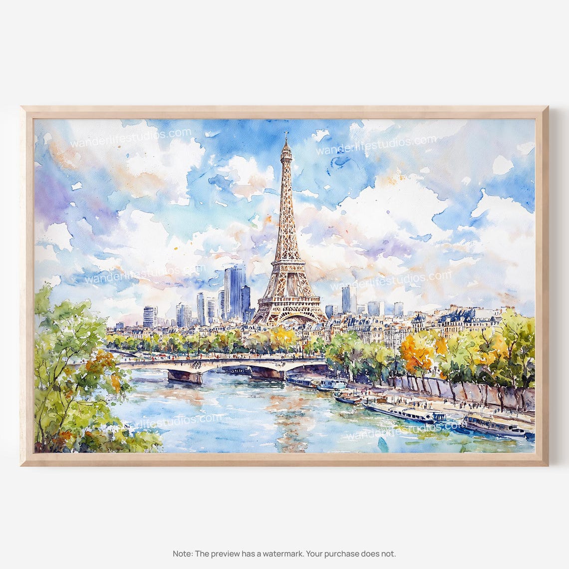 Eiffel Tower and Seine River Paris Watercolor Cityscape Poster