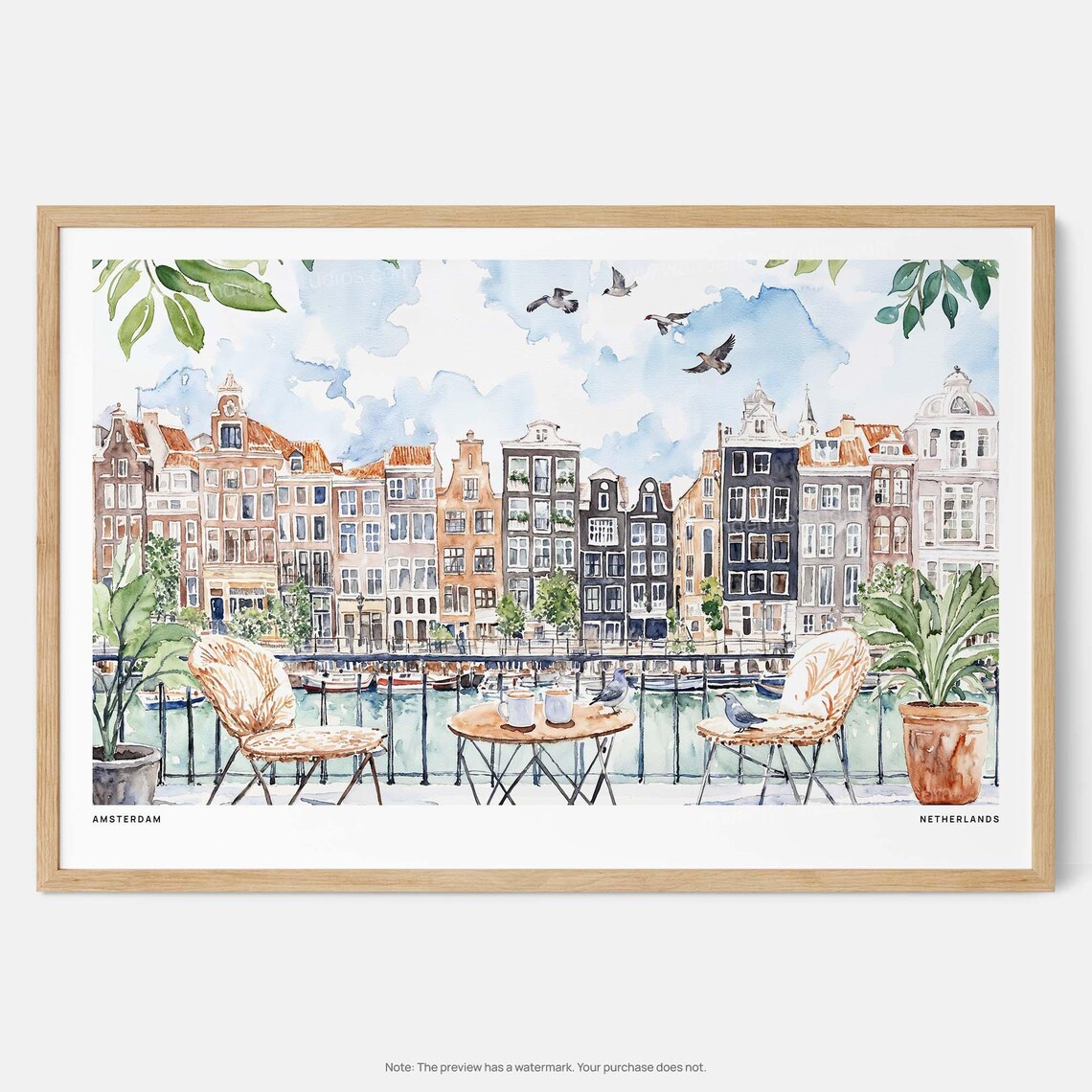 Amsterdam Canal Cafe Terrace Watercolor Netherlands Travel Poster