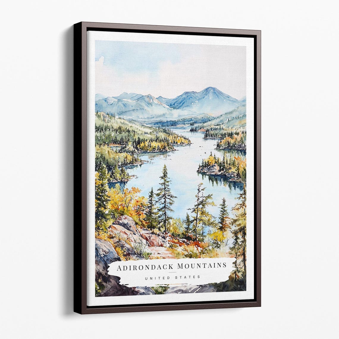 Adirondack Mountains Watercolor Lake View United States Travel Poster