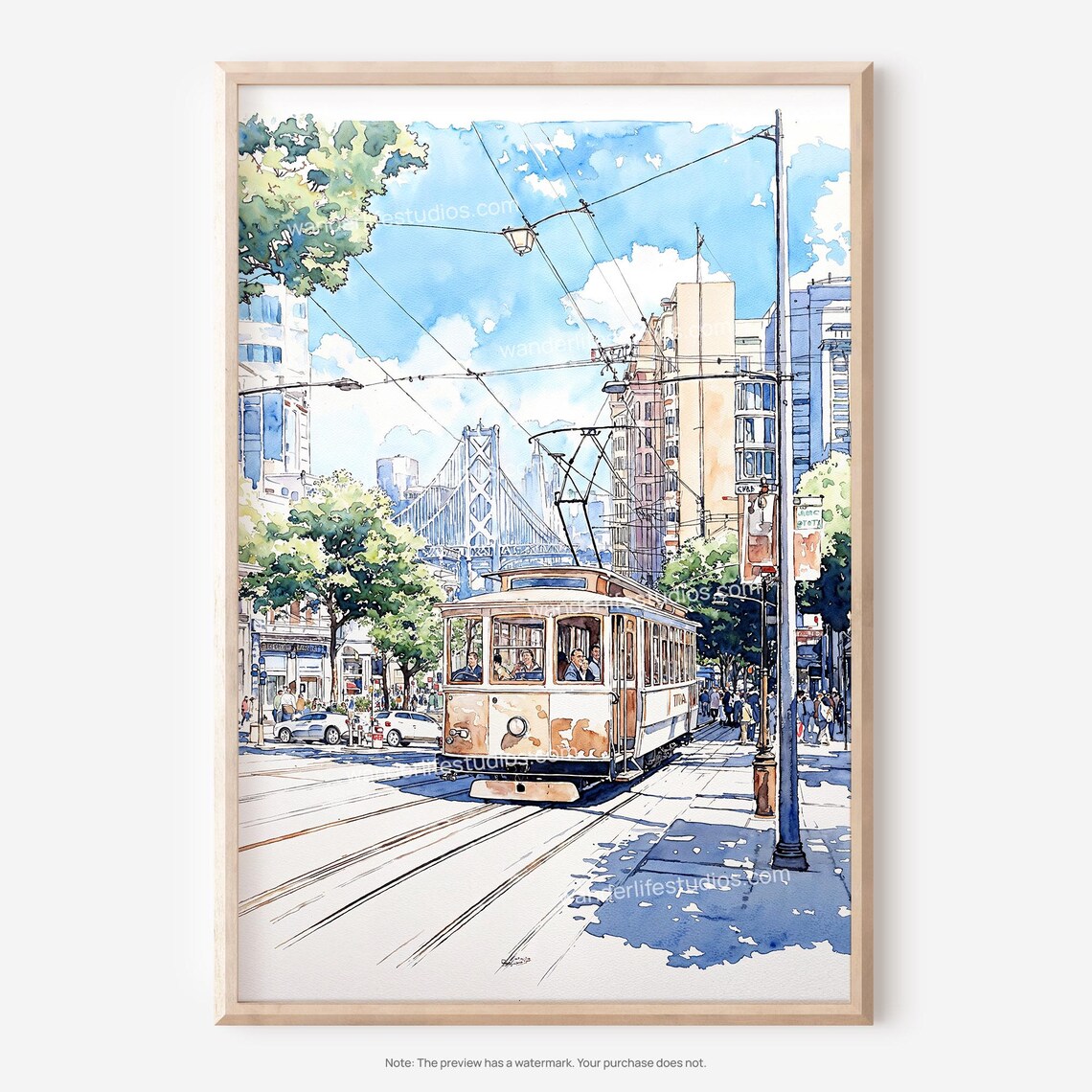 San Francisco Historic Streetcar City Street Watercolor Art Poster