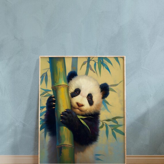 Baby Panda Peeking From Behind Bamboo in Warm Golden Light Art Poster