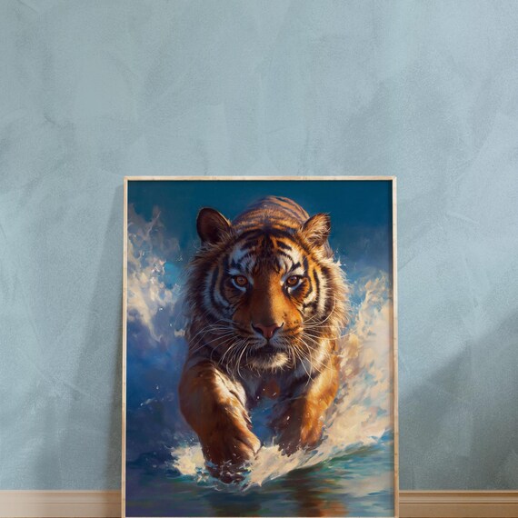 Majestic Tiger Charging Through Splashing Water Oil Painting Poster