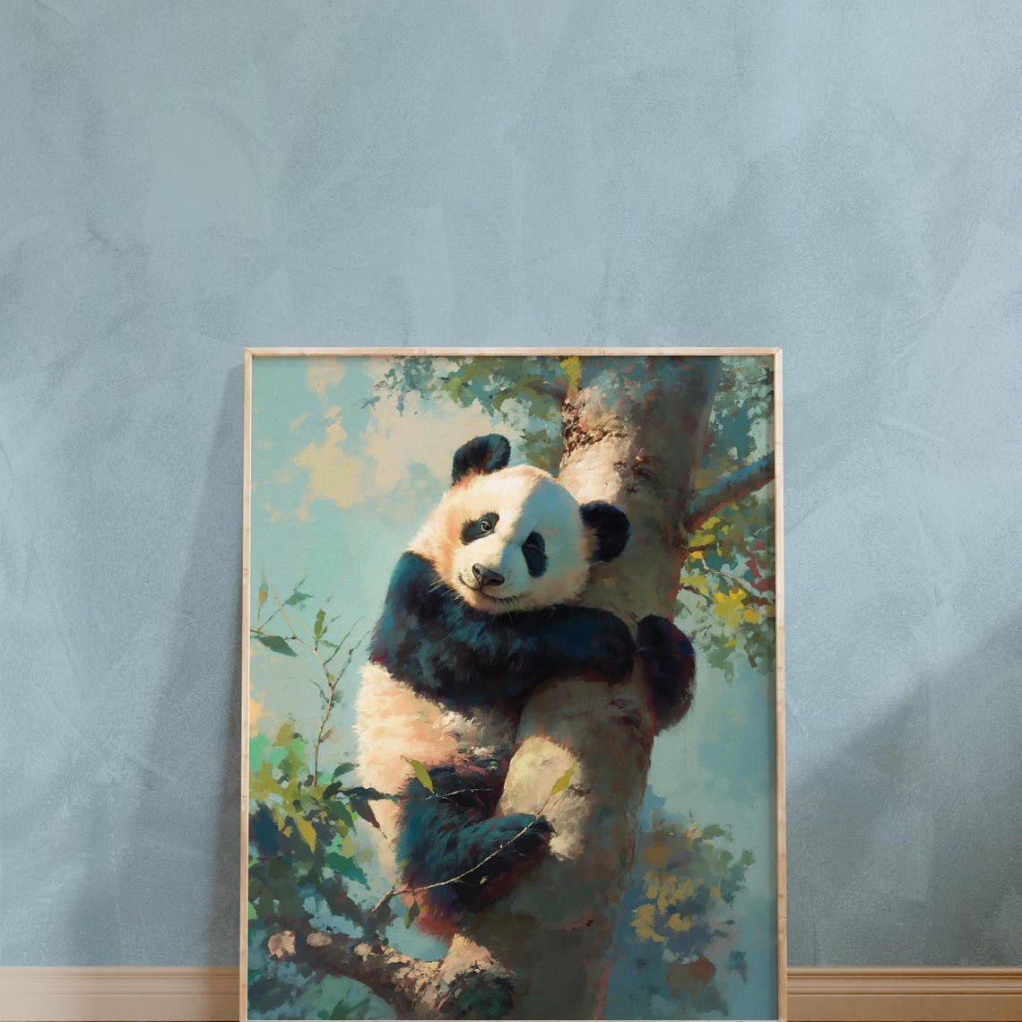 Adorable Panda Cub Hugging a Tree Trunk in Dreamy Soft Colors Poster