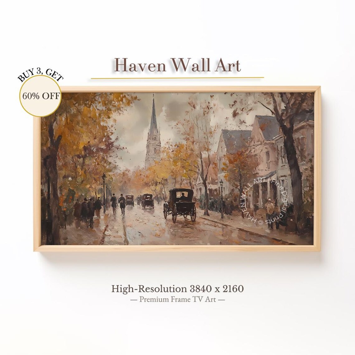Vintage Autumn City Street Horse Carriages Rainy European Town Poster