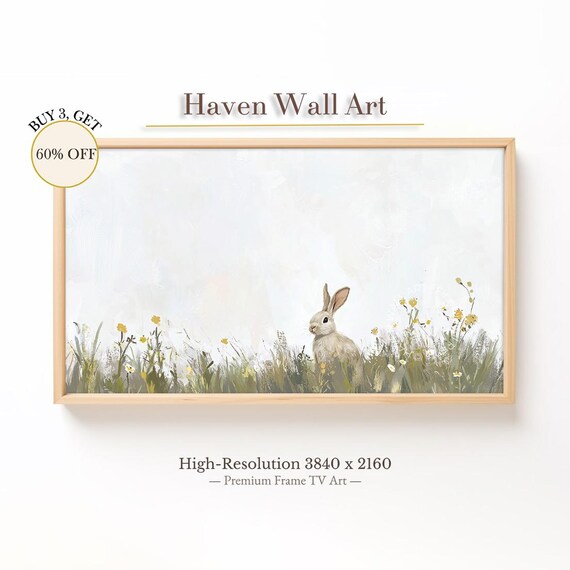 Spring Bunny Wildflower Meadow Pastel Rabbit Oil Painting Nursery Poster