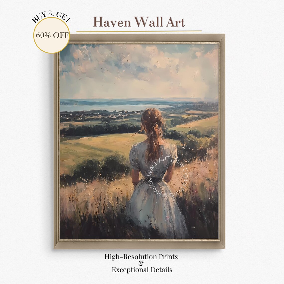 Girl in White Dress Overlooking Valley Romantic Landscape Poster