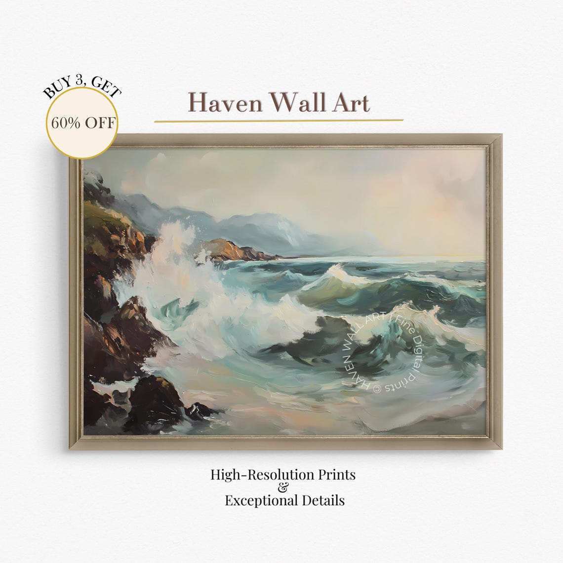 Ocean Waves Crashing on Rocky Coast Golden Light Coastal Art Poster