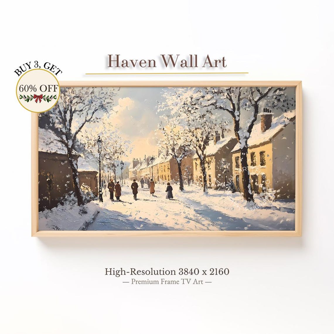 Old Snowy Village Street Winter Evening Scene Painting Poster
