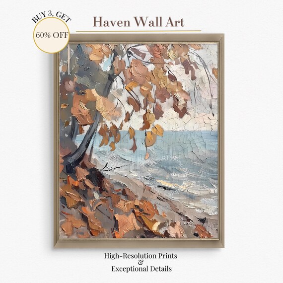 Autumn Shoreline Print With Hanging Branches And Textured Leaves
