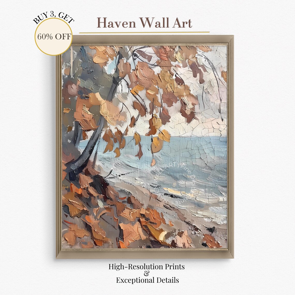 Autumn Shoreline Print With Hanging Branches And Textured Leaves