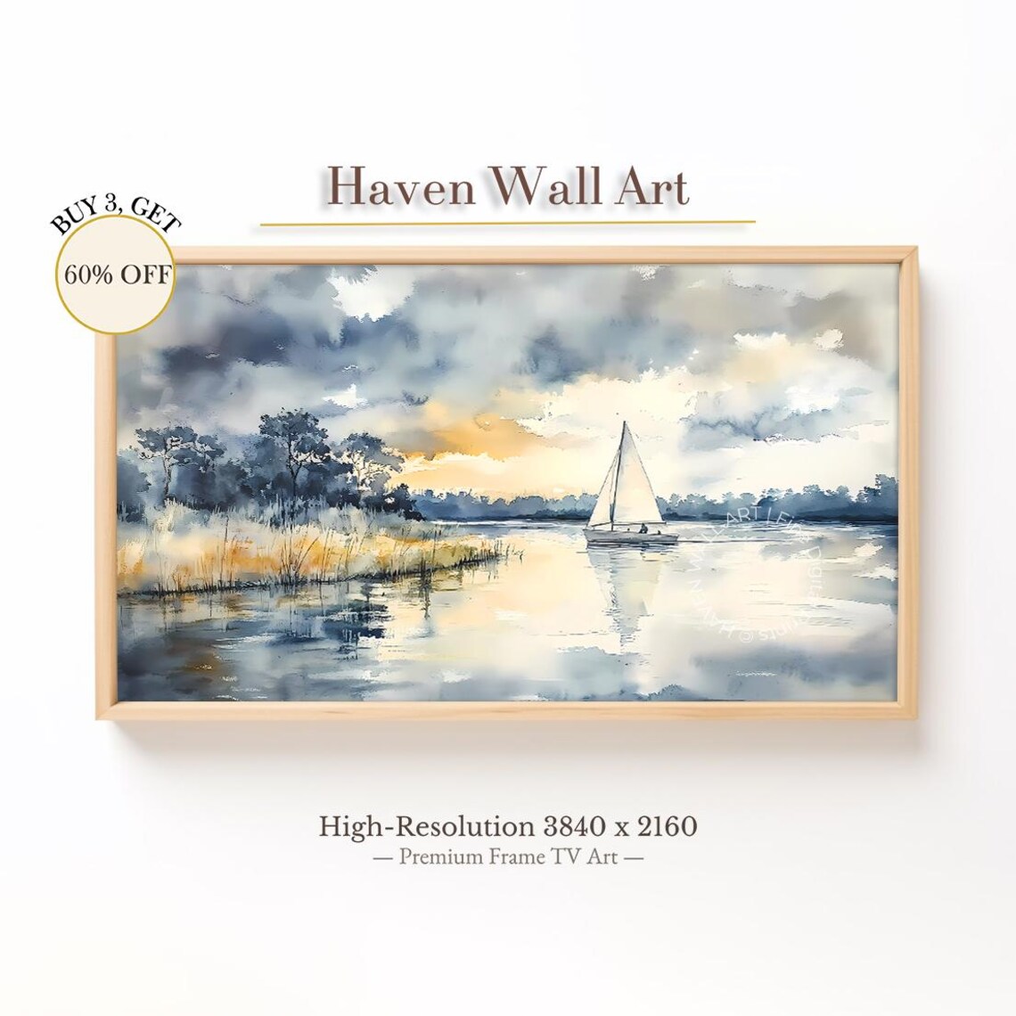 Sailboat Sunset Lake Watercolor Peaceful Coastal Painting Poster