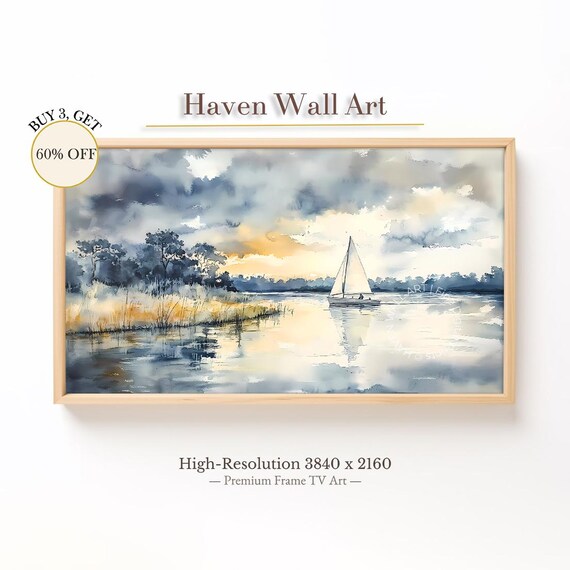 Sailboat Sunset Lake Watercolor Peaceful Coastal Painting Poster