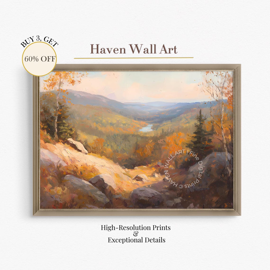 Golden Autumn Valley Print With Rocky Trail Above Winding River
