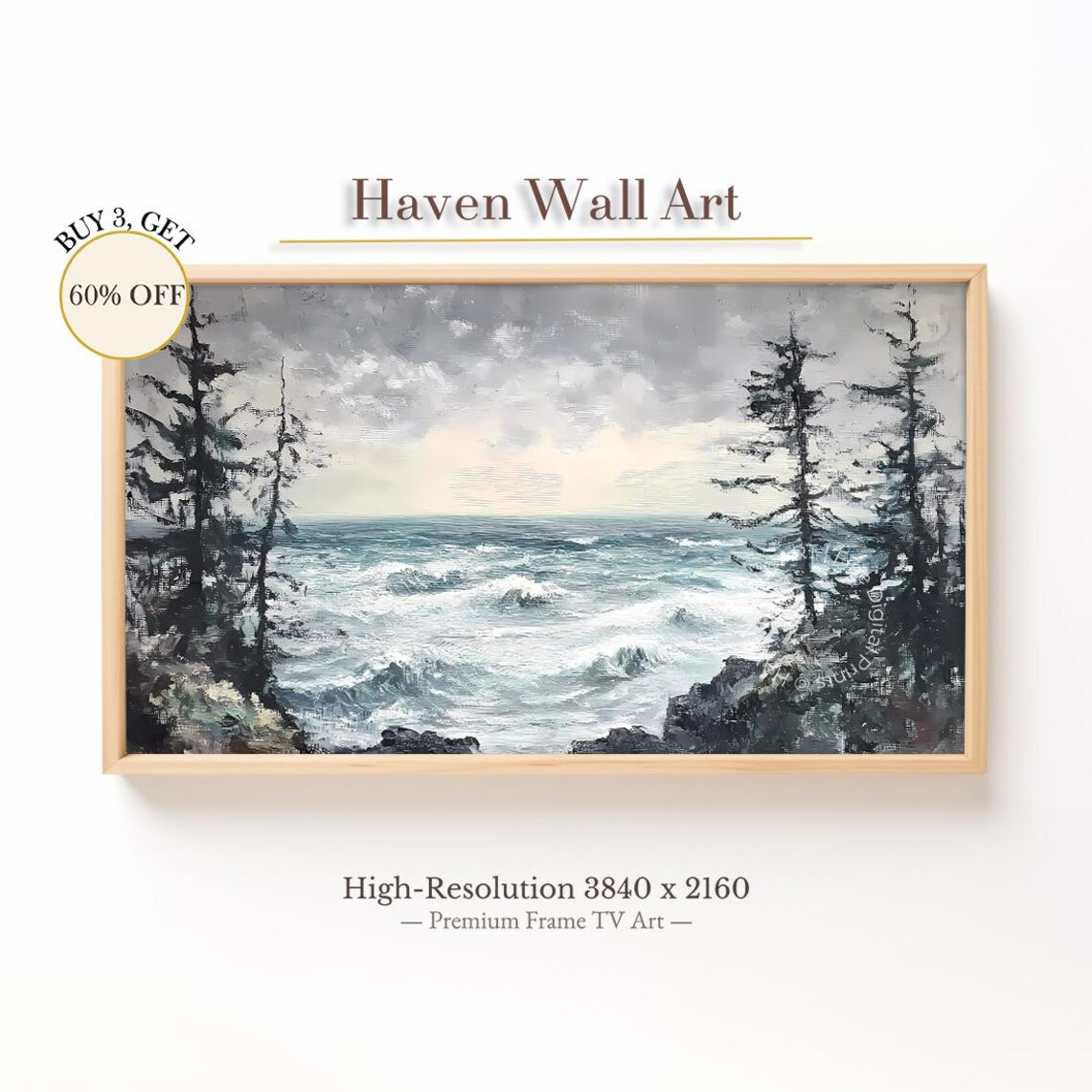 Rocky Pine Coast Waves Crashing Moody Seascape Oil Painting Poster